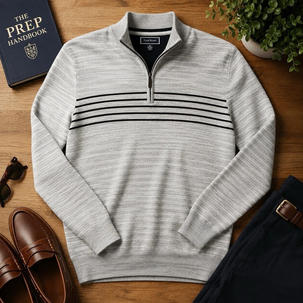 Club Room Mens XXL Quarter Zip Sweater Gray Striped Preppy Golf Coastal Grandpa